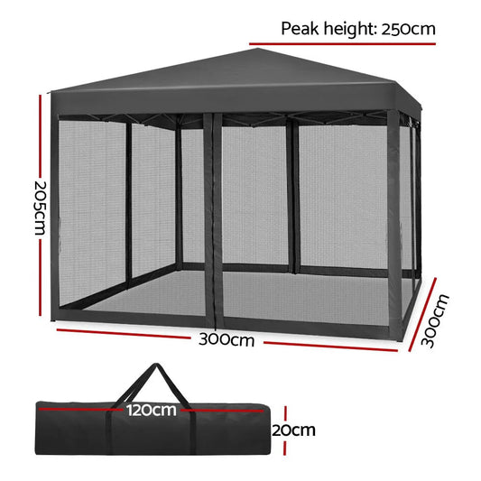 Instahut Gazebo Pop Up Marquee 3x3m Wedding Party Outdoor Camping Tent Canopy Shade Mesh Wall Grey - Mekamart Australia