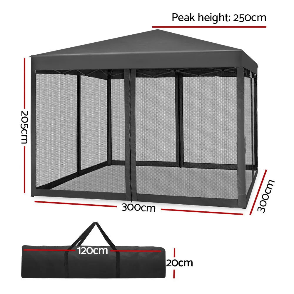 Instahut Gazebo Pop Up Marquee 3x3m Wedding Party Outdoor Camping Tent Canopy Shade Mesh Wall Grey - Mekamart Australia