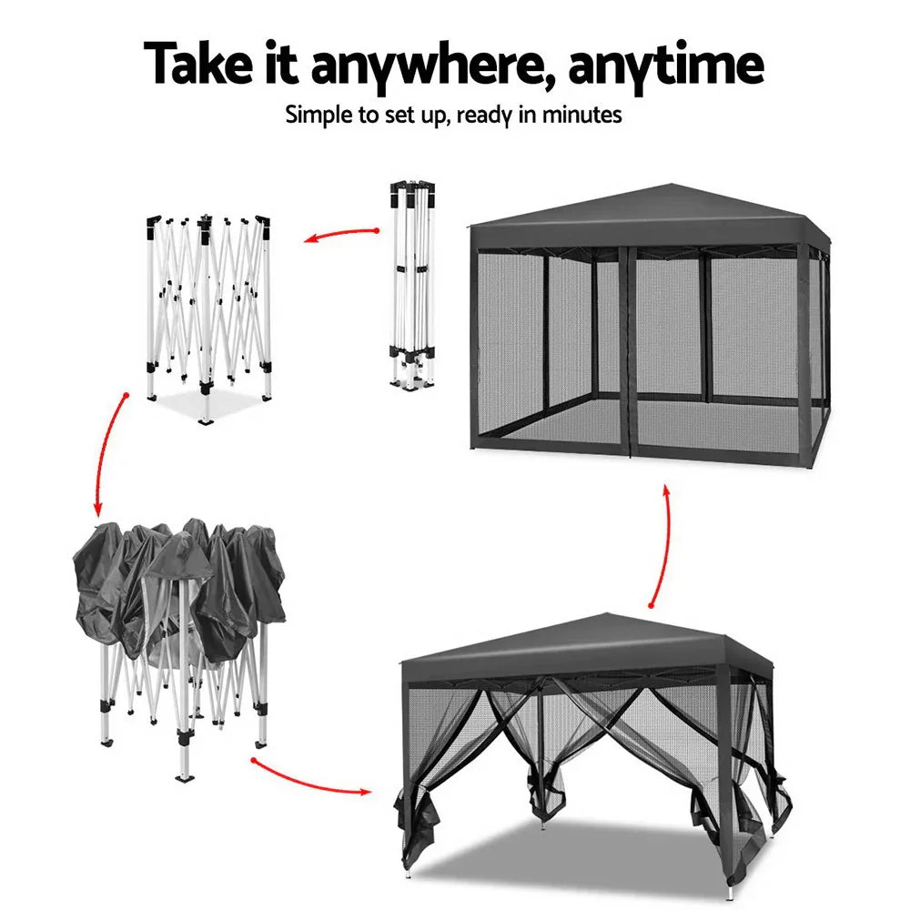 Instahut Gazebo Pop Up Marquee 3x3m Wedding Party Outdoor Camping Tent Canopy Shade Mesh Wall Grey - Mekamart Australia
