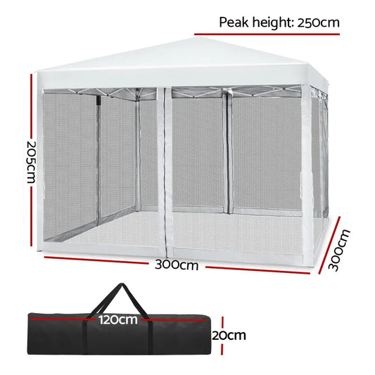 Instahut Gazebo Pop Up Marquee 3x3m Wedding Party Outdoor Camping Tent Canopy Shade Mesh Wall White - Mekamart Australia