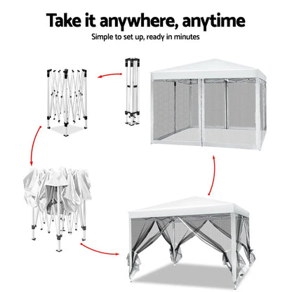 Instahut Gazebo Pop Up Marquee 3x3m Wedding Party Outdoor Camping Tent Canopy Shade Mesh Wall White - Mekamart Australia