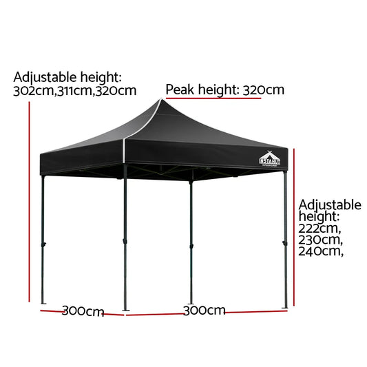 Instahut Gazebo Pop Up Marquee 3x3m Folding Tent Wedding Outdoor Camping Canopy Gazebos Shade Black - Mekamart Australia