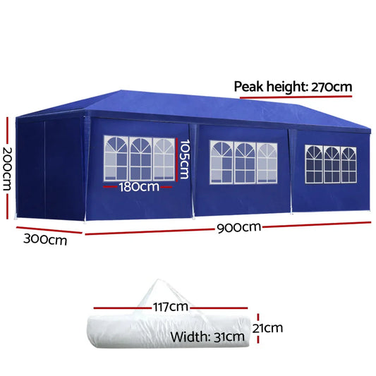 Instahut Gazebo 3x9m Marquee Wedding Party Tent Outdoor Camping Side Wall Canopy 8 Panel Blue - Mekamart Australia