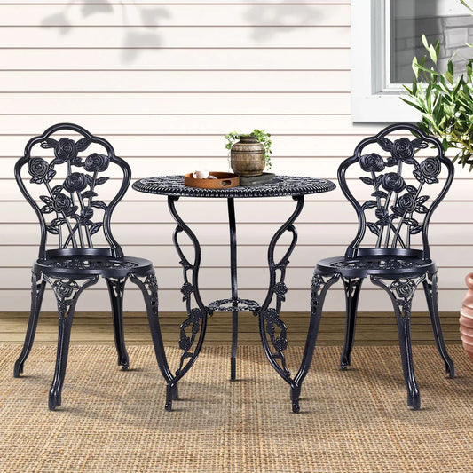 Gardeon 3PC Outdoor Setting Bistro Set Chairs Table Cast Aluminum Rose Black - Mekamart Australia