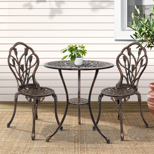 Gardeon 3PC Outdoor Setting Bistro Set Chairs Table Cast Aluminum Patio Furniture Tulip Bronze - Mekamart Australia