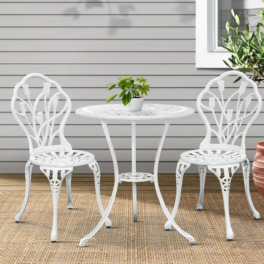 Gardeon 3PC Outdoor Setting Bistro Set Chairs Table Cast Aluminum Patio Furniture Tulip White - Mekamart Australia