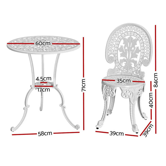 Gardeon 3PC Patio Furniture Outdoor Bistro Set Dining Chairs Aluminium White - Mekamart Australia