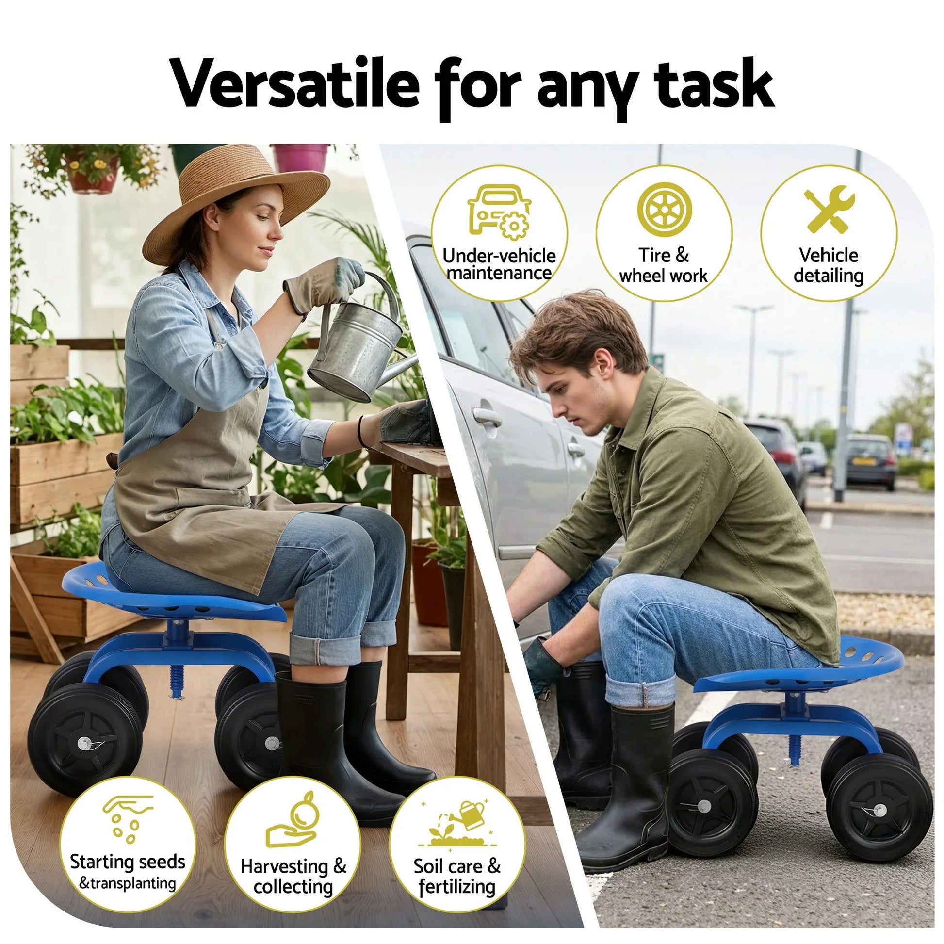 Gardeon Garden Seat 360 Swivel Rolling Adjustable Height Work Scooter Cart Wheels Heavy Duty 150kg - Mekamart Australia