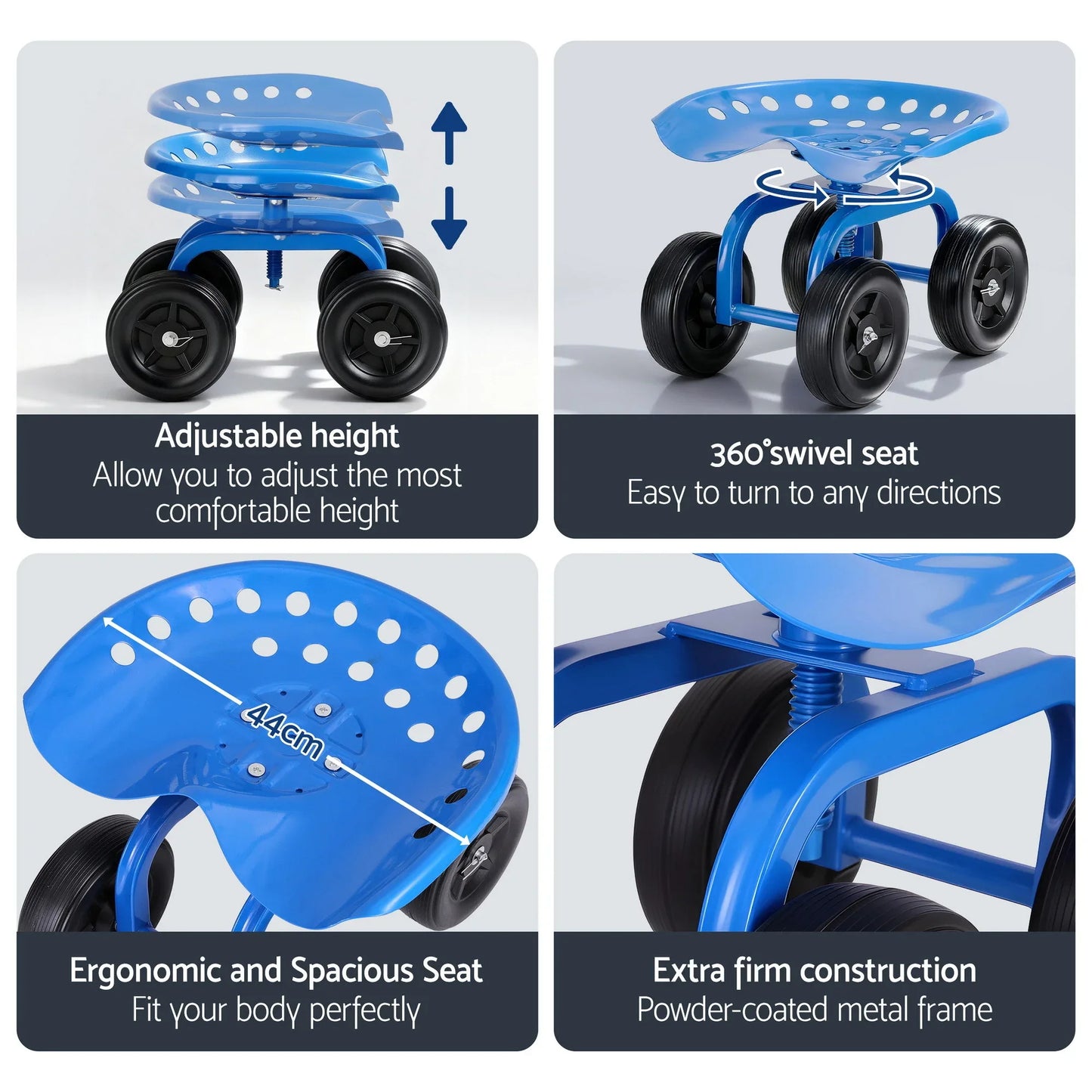 Gardeon Garden Seat 360 Swivel Rolling Adjustable Height Work Scooter Cart Wheels Heavy Duty 150kg - Mekamart Australia