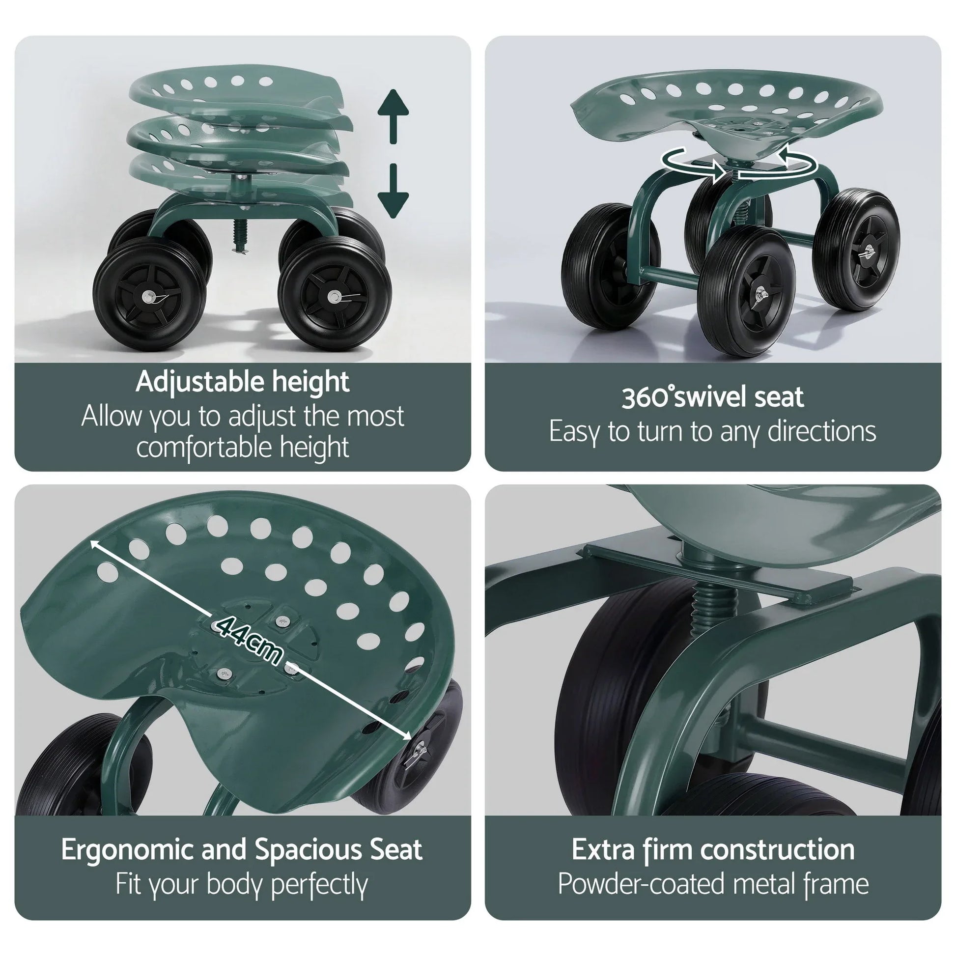 Gardeon Garden Seat 360 Swivel Rolling Adjustable Height Work Scooter Cart Wheels Heavy Duty 150kg - Mekamart Australia