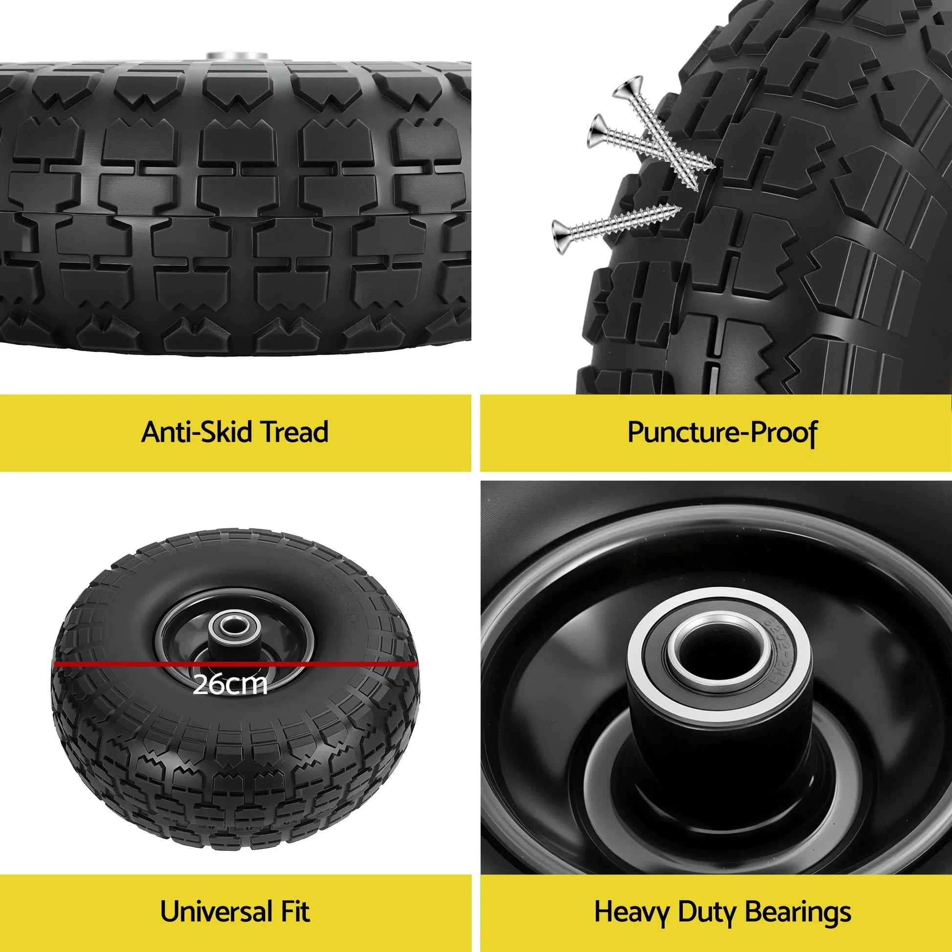 Gardeon 2pcs, 4.10/3.50-4 Tire And Wheel Flat Free, 26cm Solid Rubber Tires with 5/8 Axle Bore Hole And Double Sealed Bearings, Perfect for Wheelbarrow, Garden Cart, Wagon, Dolly - Mekamart Australia
