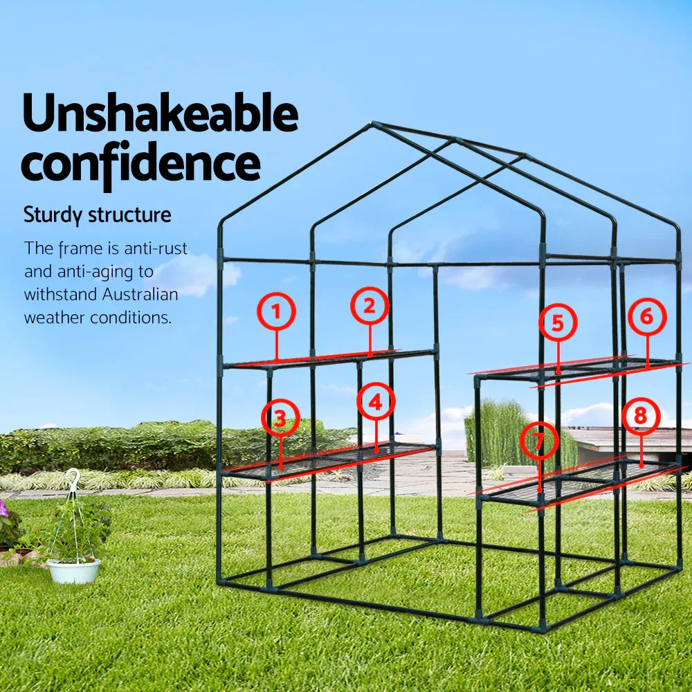 Green Fingers Greenhouse 1.4x1.55x2M Walk in Green House Tunnel Plant Garden Shed 8 Shelves - Mekamart Australia
