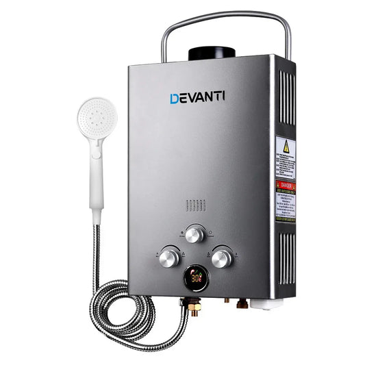Devanti Portable Gas Water Heater 8L/Min With Pump LPG System Grey - Mekamart Australia