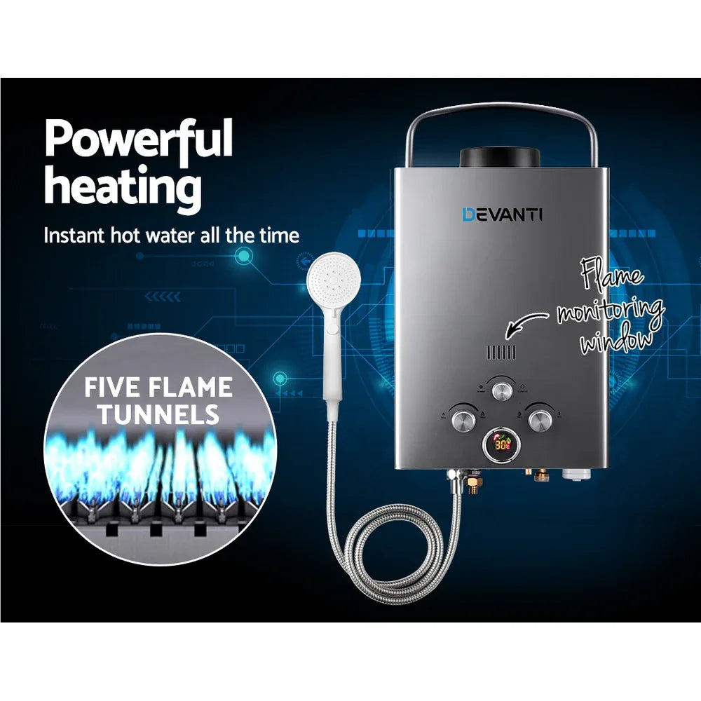 Devanti Portable Gas Water Heater 8L/Min With Pump LPG System Grey - Mekamart Australia