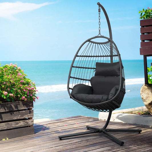 Gardeon Outdoor Egg Swing Chair Hanging Chair Wicker Rope Pod Stand Foldable Grey - Mekamart Australia