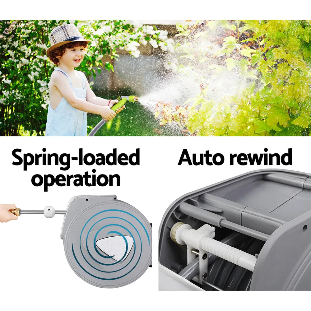 Water Hose Reel 30M Retractable Garden Auto Rewind Brass Spray Gun - Mekamart Australia