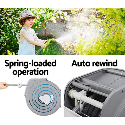 Water Hose Reel 30M Retractable Garden Auto Rewind Brass Spray Gun - Mekamart Australia