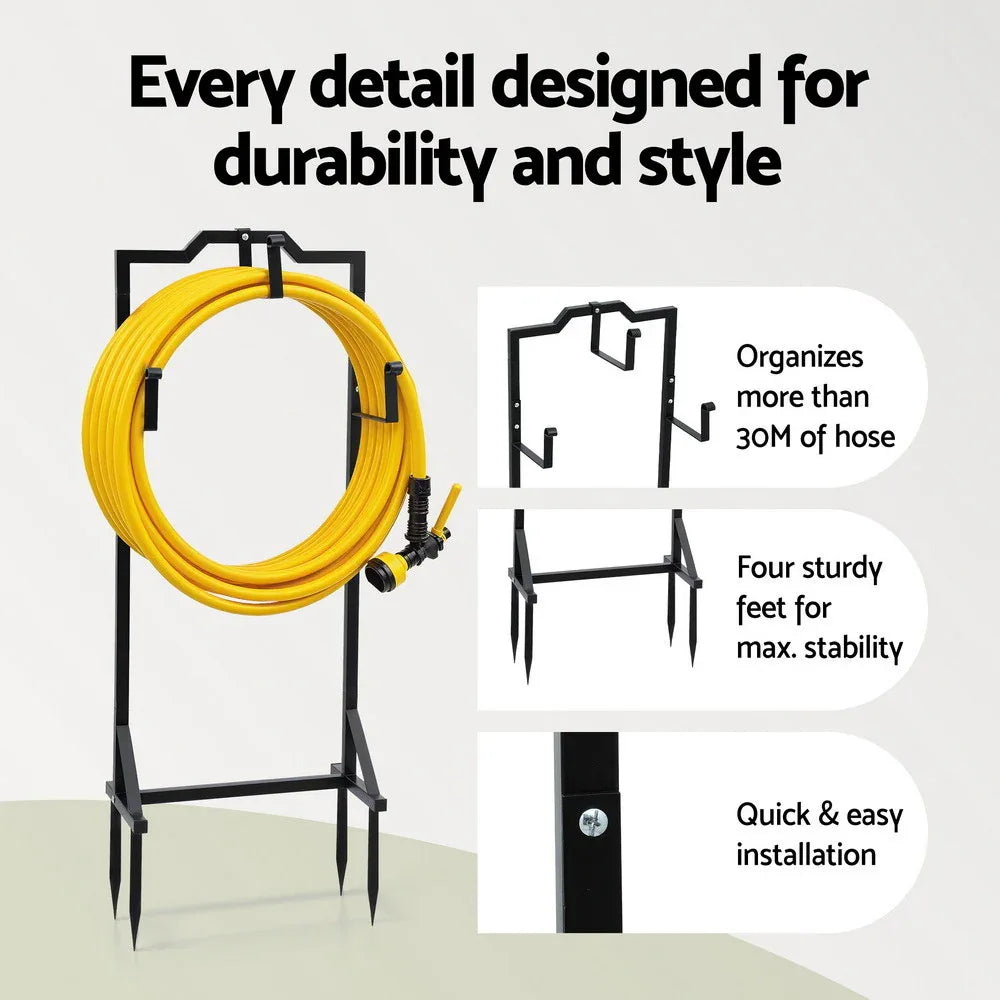 Green Fingers Garden Hose Holder Metal Portable Freestanding Hose Stand 4 Spikes Black - Mekamart Australia