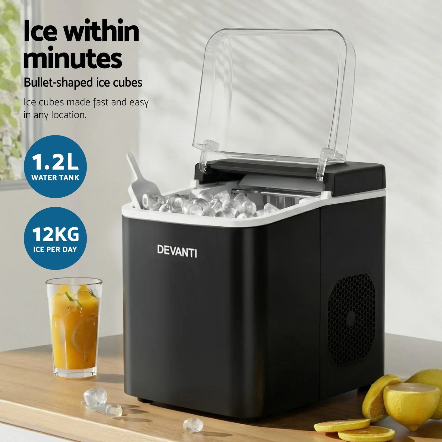 Devanti Ice Maker Machine Portable 12kg Countertop w/Self Cleaning 1.2L Black - Mekamart Australia