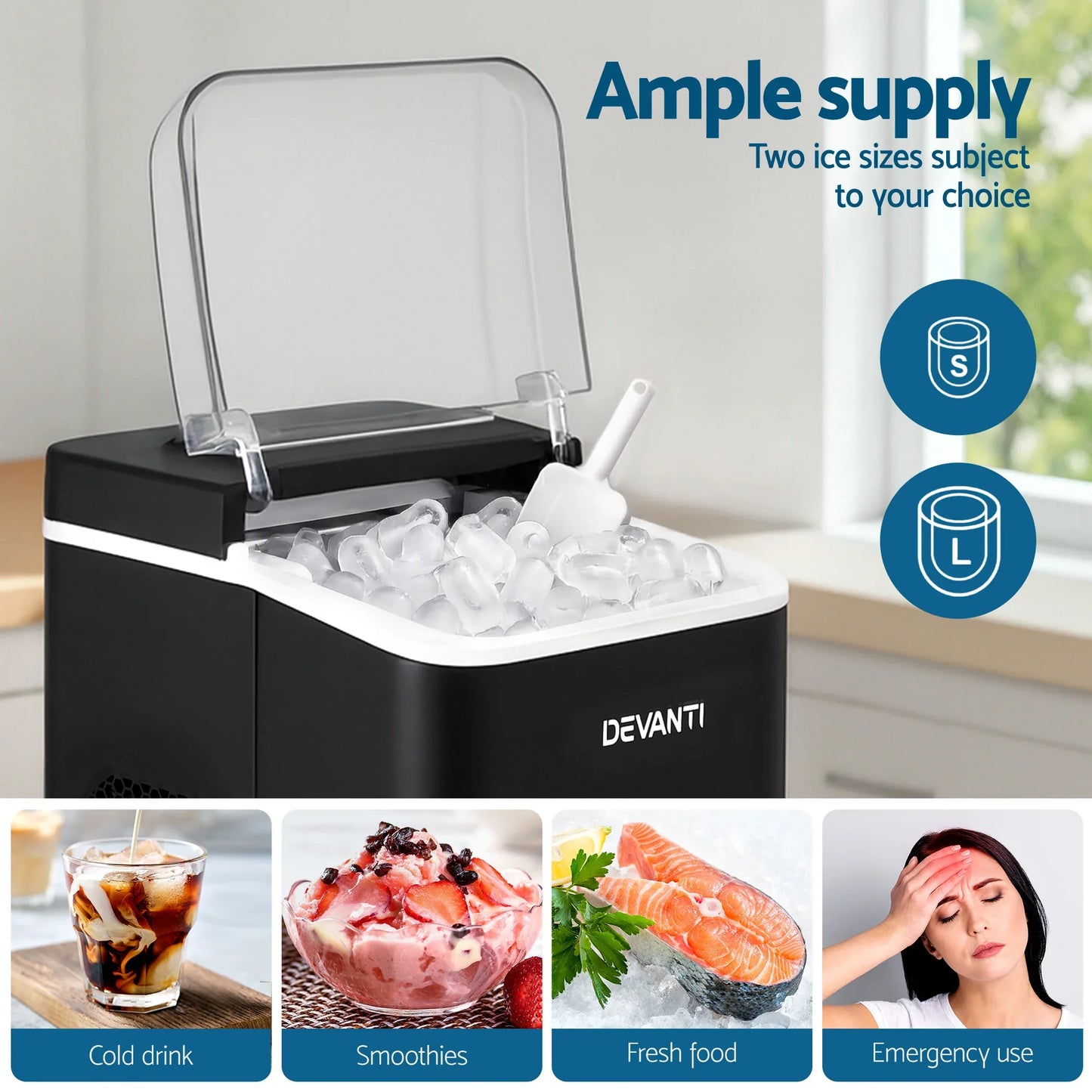 Devanti Ice Maker Machine Portable 12kg Countertop w/Self Cleaning 1.2L Black - Mekamart Australia