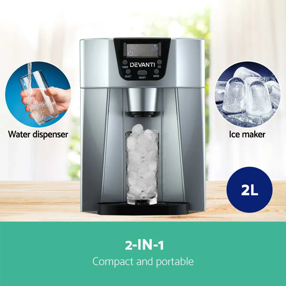Devanti 2L Portable Ice Cuber Maker & Water Dispenser - Silver - Mekamart Australia