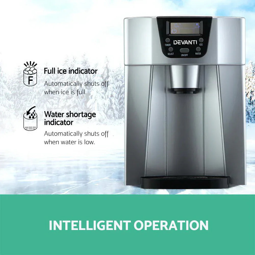 Devanti 2L Portable Ice Cuber Maker & Water Dispenser - Silver - Mekamart Australia