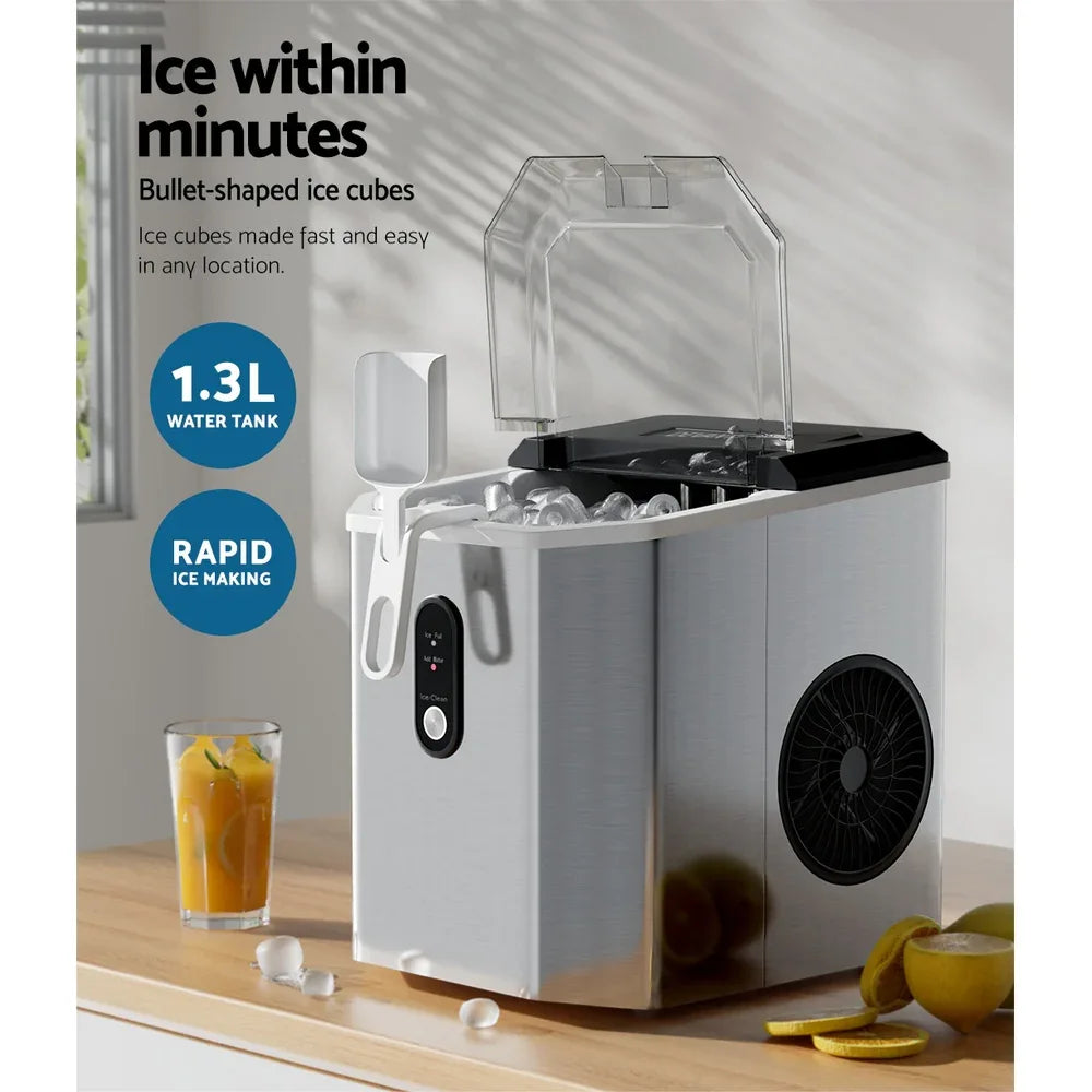Devanti Portable Ice Maker Machine Ice Cube 12kg Bar Countertop Stainless Steel - Mekamart Australia