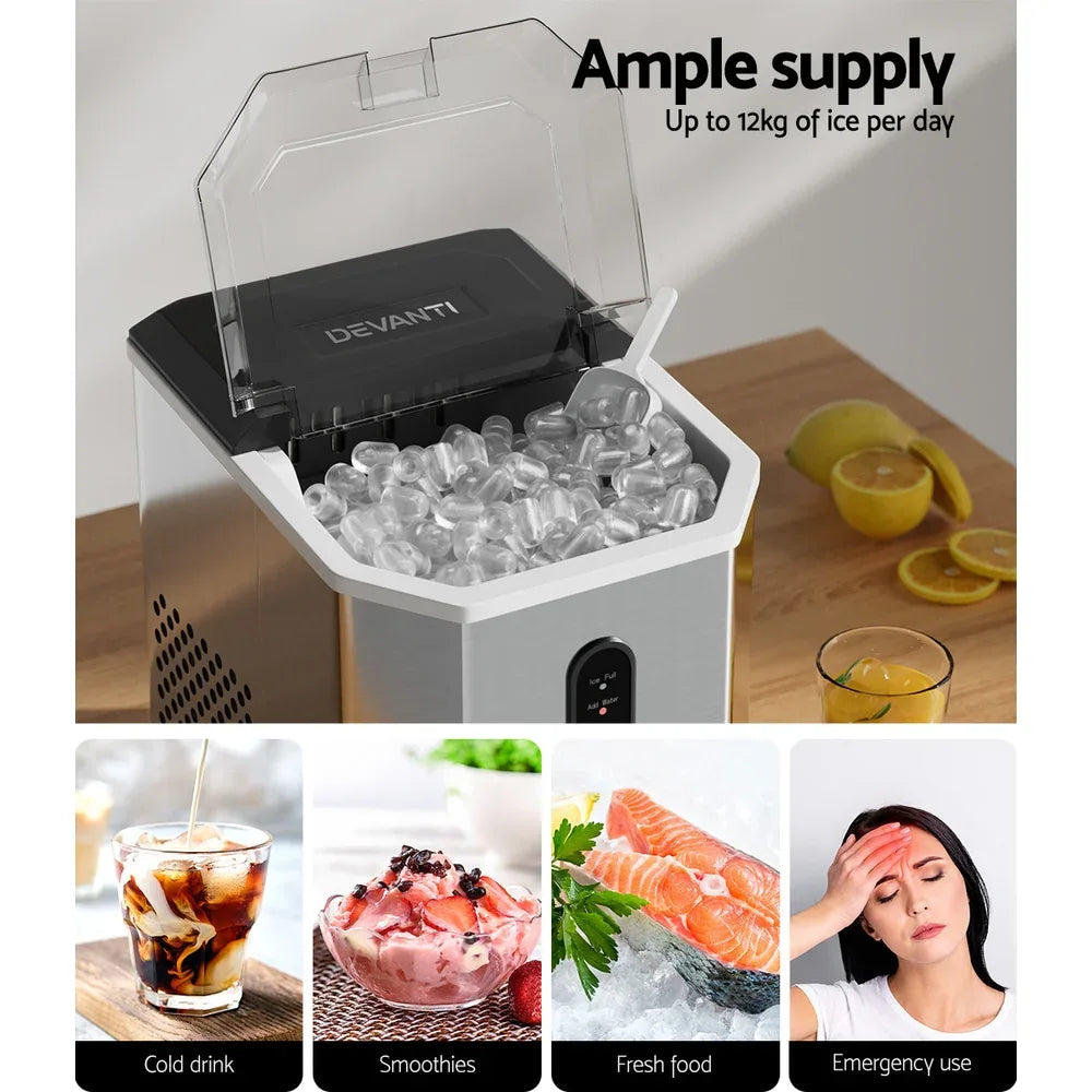 Devanti Portable Ice Maker Machine Ice Cube 12kg Bar Countertop Stainless Steel - Mekamart Australia