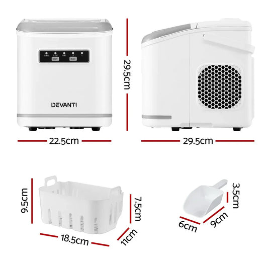 Devanti Ice Maker Machine Portable 12kg Countertop w/Self Cleaning 1.3L White - Mekamart Australia
