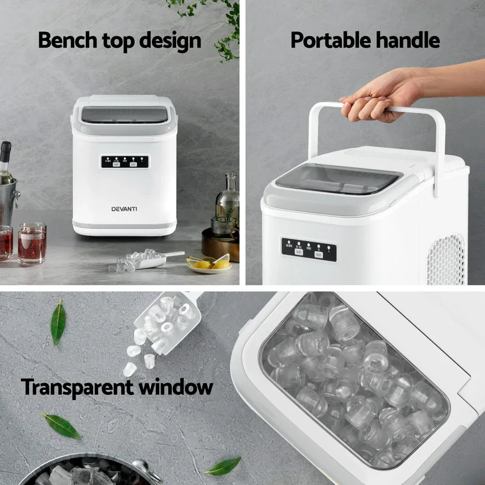 Devanti Ice Maker Machine Portable 12kg Countertop w/Self Cleaning 1.3L White - Mekamart Australia