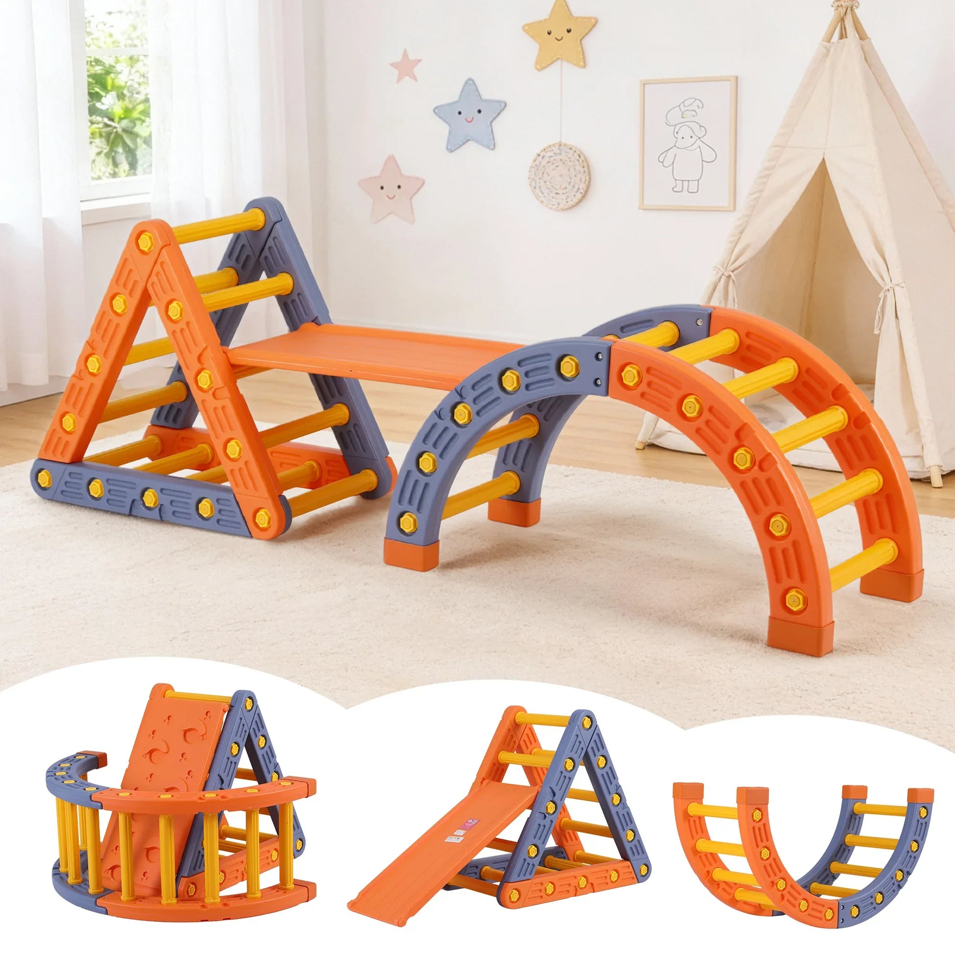 Kids Climbing Frame Set With Slide Indoor Outdoor Toddler Toys Pikler Triangle Climber With Arch - Mekamart Australia
