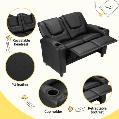 Keezi Kids Recliner Chair Double PU Leather Sofa Lounge Couch Armchair Black - Mekamart Australia