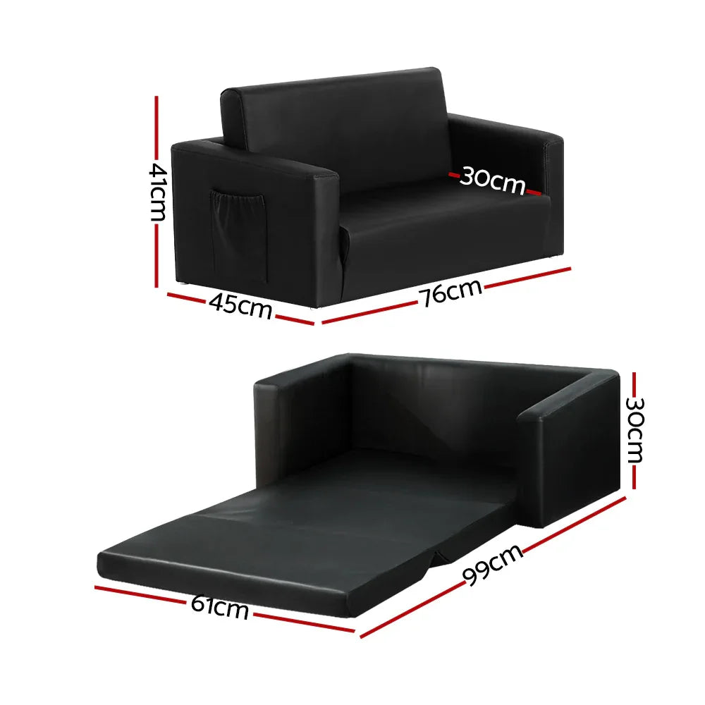 Keezi Kids Sofa 2 Seater Children Flip Open Couch PU Leather Armchair Black - Mekamart Australia