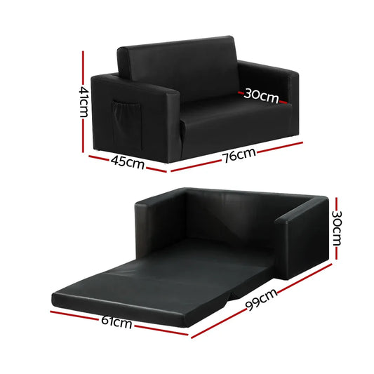 Keezi Kids Sofa 2 Seater Children Flip Open Couch PU Leather Armchair Black - Mekamart Australia