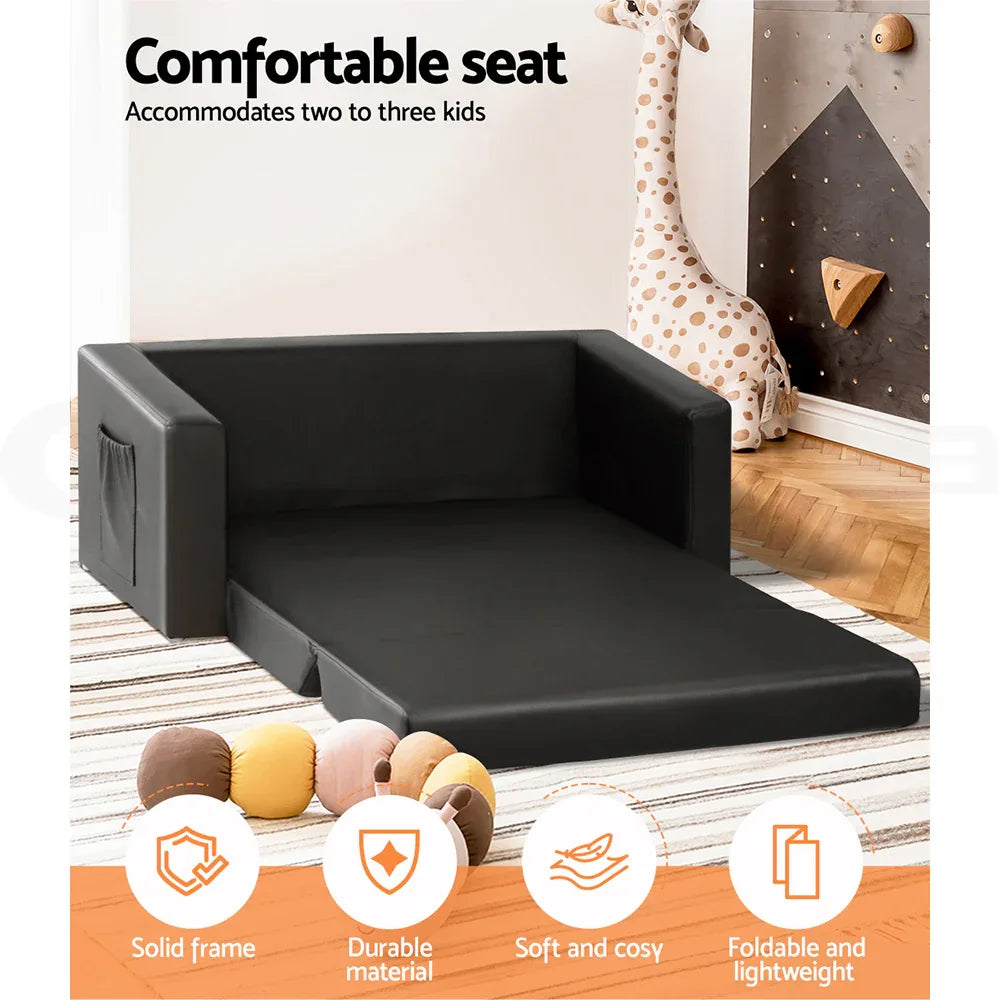 Keezi Kids Sofa 2 Seater Children Flip Open Couch PU Leather Armchair Black - Mekamart Australia