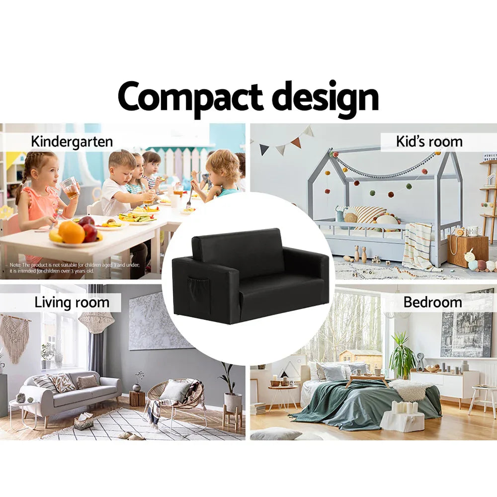 Keezi Kids Sofa 2 Seater Children Flip Open Couch PU Leather Armchair Black - Mekamart Australia