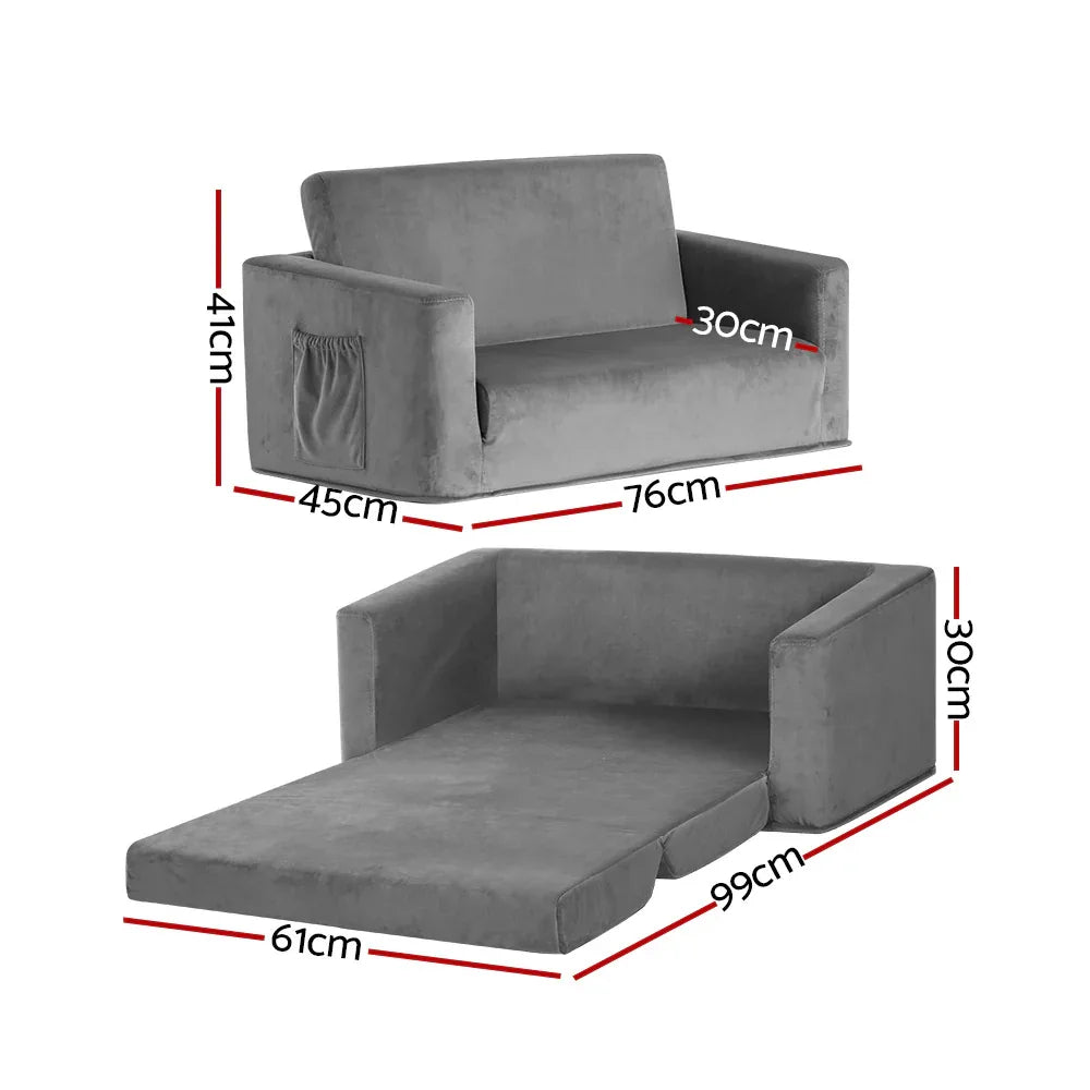 Keezi Kids Sofa 2 Seater Children Flip Open Couch Velvet Armchair Grey - Mekamart Australia