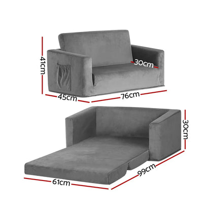 Keezi Kids Sofa 2 Seater Children Flip Open Couch Velvet Armchair Grey - Mekamart Australia