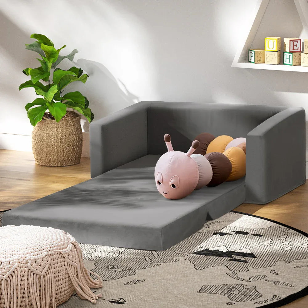 Keezi Kids Sofa 2 Seater Children Flip Open Couch Velvet Armchair Grey - Mekamart Australia
