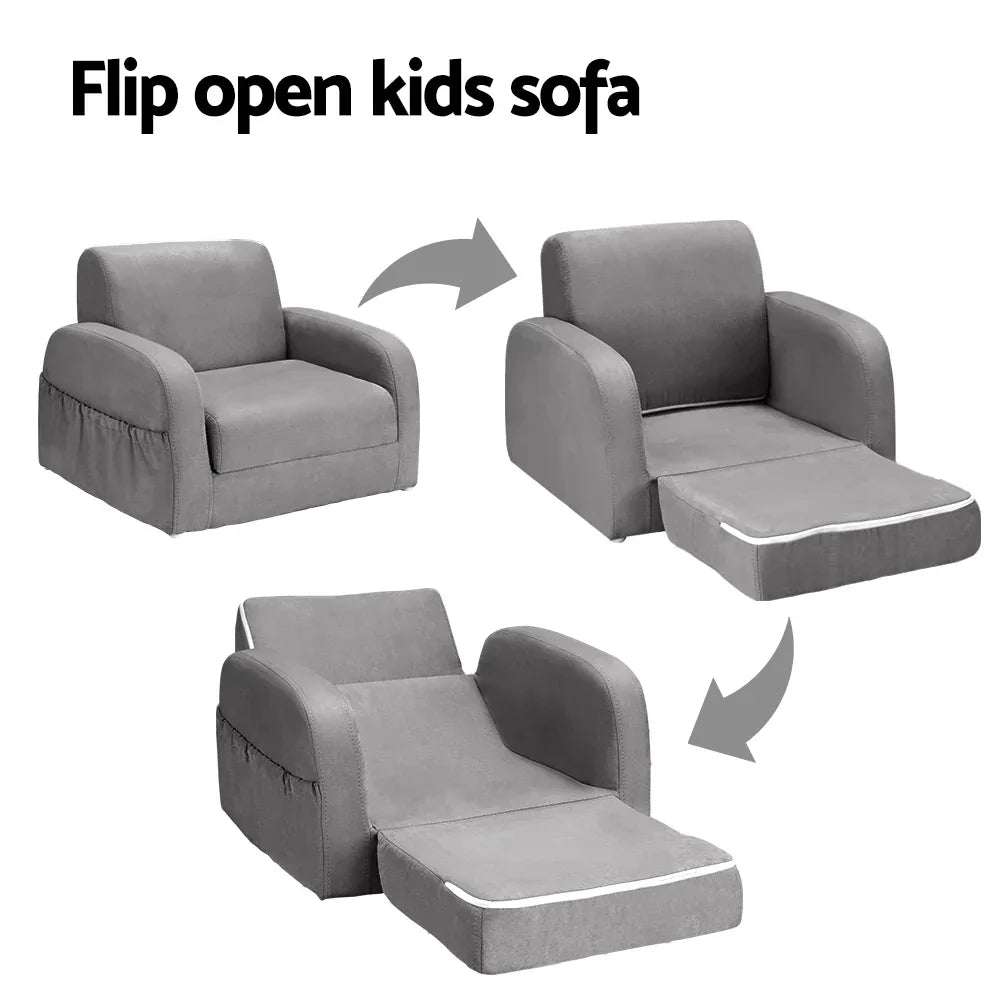 Keezi Kids Sofa 1 Seater Children Flip Open Couch Lounger Armchair Soft Grey - Mekamart Australia