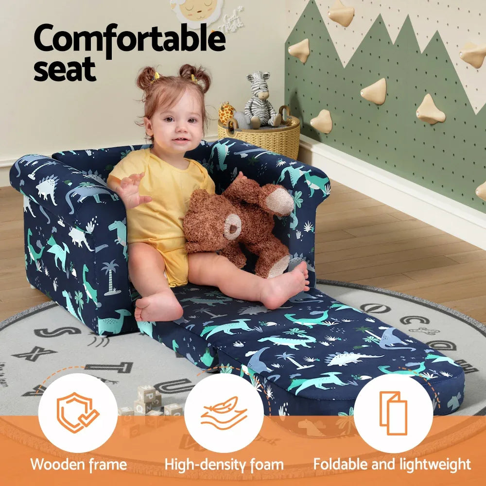 Keezi Kids Sofa 1 Seater Children Flip Open Couch Lounger Armchair Dinosaur Navy - Mekamart Australia