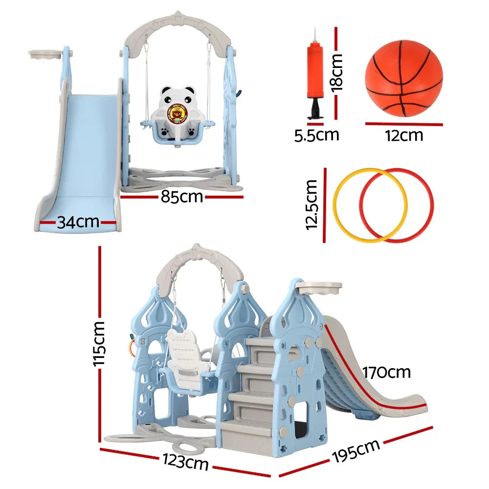 Keezi Kids Slide Swing Set Basketball Hoop Rings Outdoor Playground 170cm Blue - Mekamart Australia