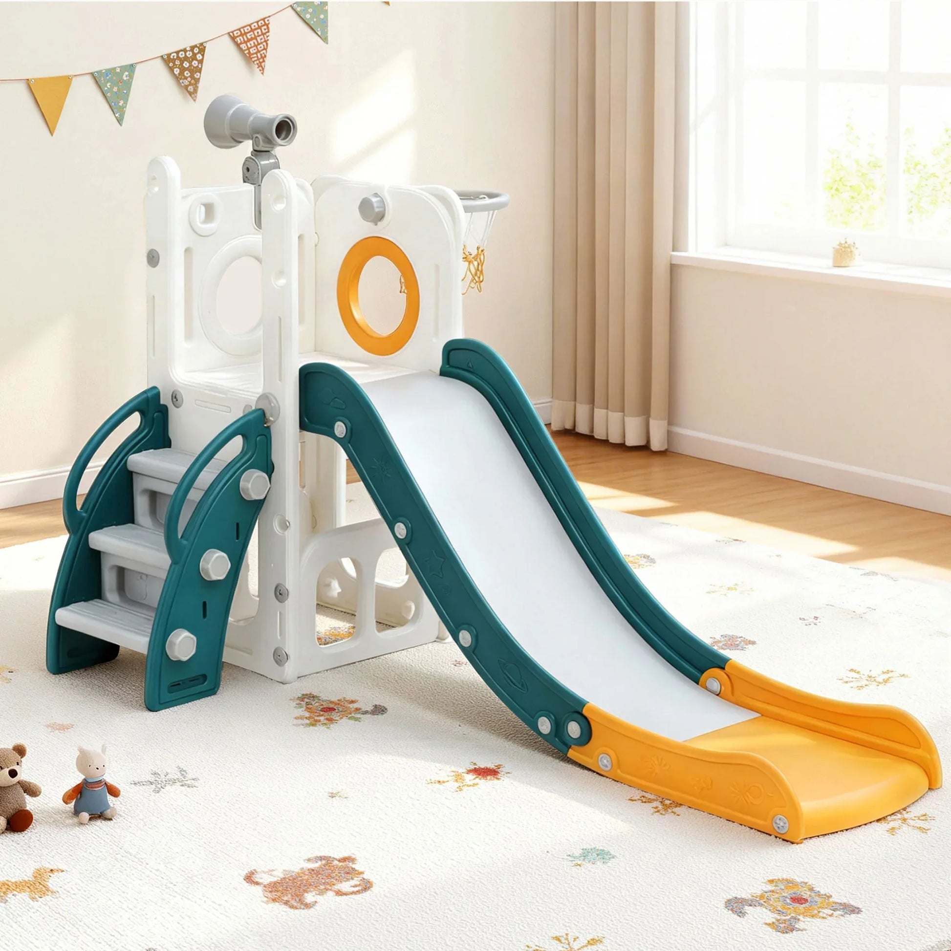 Keezi Kids Slide Set Basketball Hoop Outdoor Playground Outdoor Toys Telescope Storage - Mekamart Australia