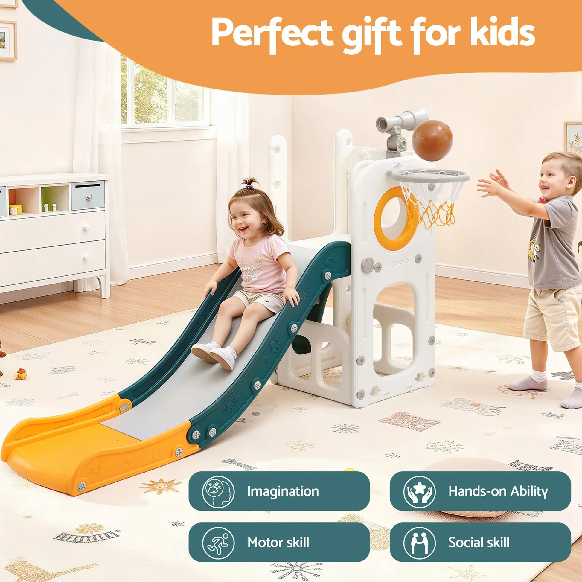 Keezi Kids Slide Set Basketball Hoop Outdoor Playground Outdoor Toys Telescope Storage - Mekamart Australia