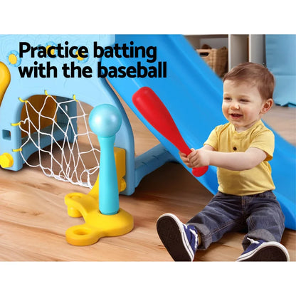 Keezi Kids Slide Set Baseball Bat Basketball Hoop Outdoor Playground 120cm Blue - Mekamart Australia