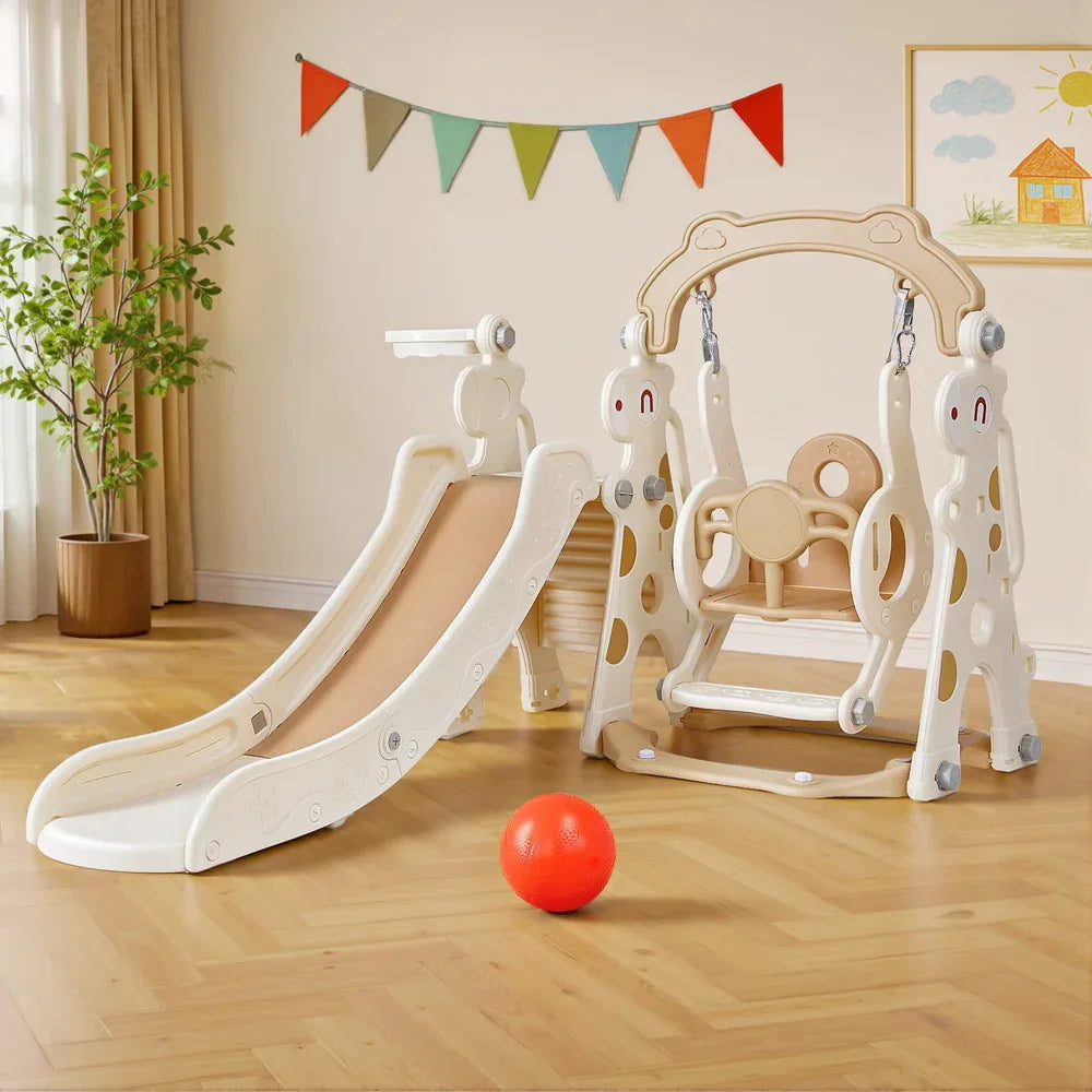 Keezi Kids Slide Swing Set Basketball Hoop Outdoor Playground Toys 160cm Beige - Mekamart Australia