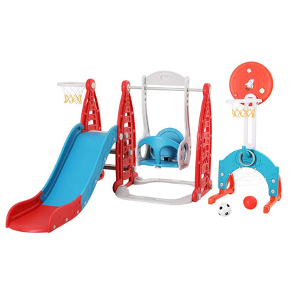 Keezi Kids Slide Swing Set Basketball Hoop Rings Football Outdoor Toys 140cm Red - Mekamart Australia