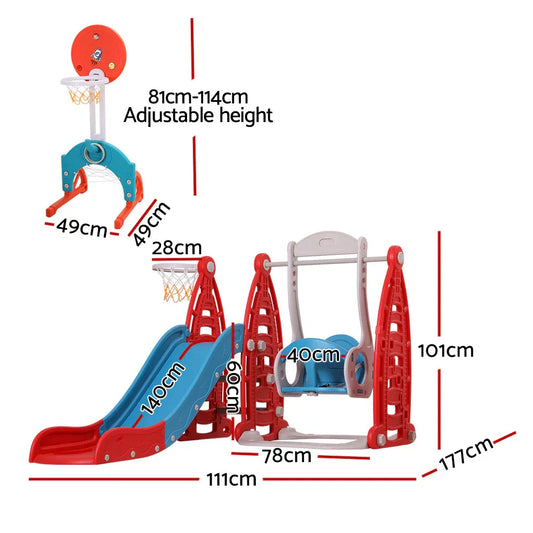 Keezi Kids Slide Swing Set Basketball Hoop Rings Football Outdoor Toys 140cm Red - Mekamart Australia