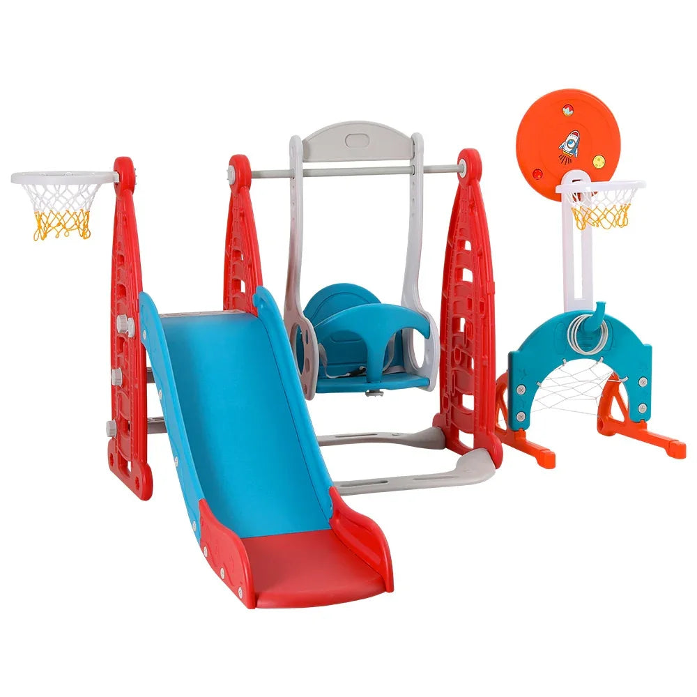 Keezi Kids Slide Swing Set Basketball Hoop Rings Football Outdoor Toys 140cm Red - Mekamart Australia