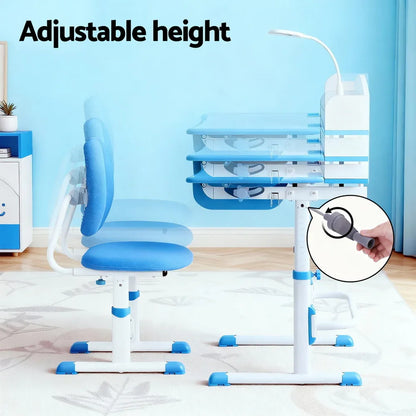 Keezi Kids Study Desk Chair Set Adjustable Ergonomic Table LED Lamp Blue - Mekamart Australia